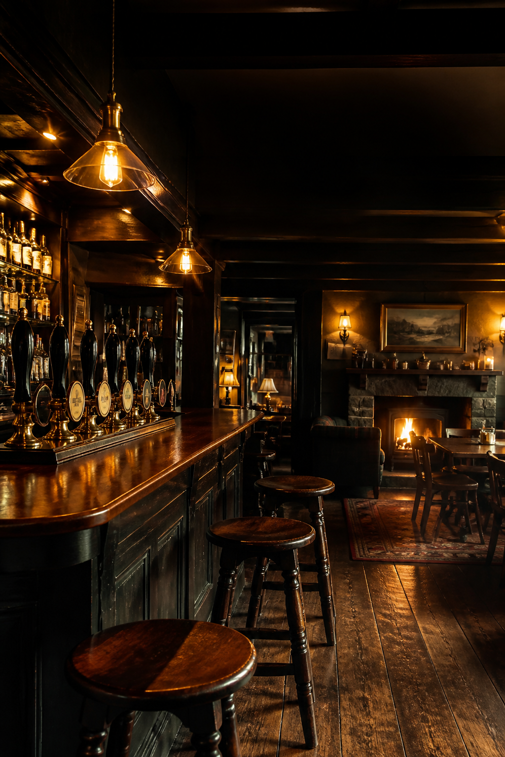 Warm Lake District pub interior with amber lights